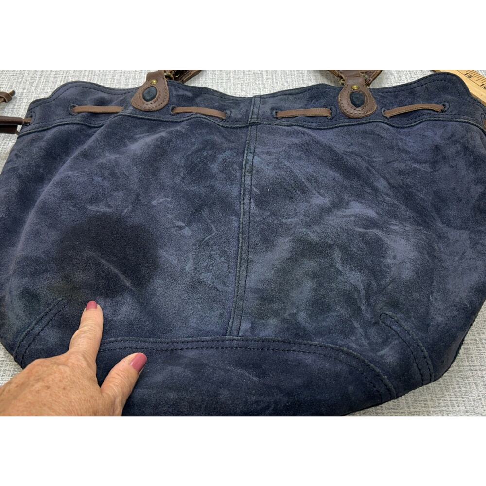Lucky Brand Navy Blue Suede Hobo Tote Bag Drawstring Leather Double Handles Boho - Picture 6 of 10